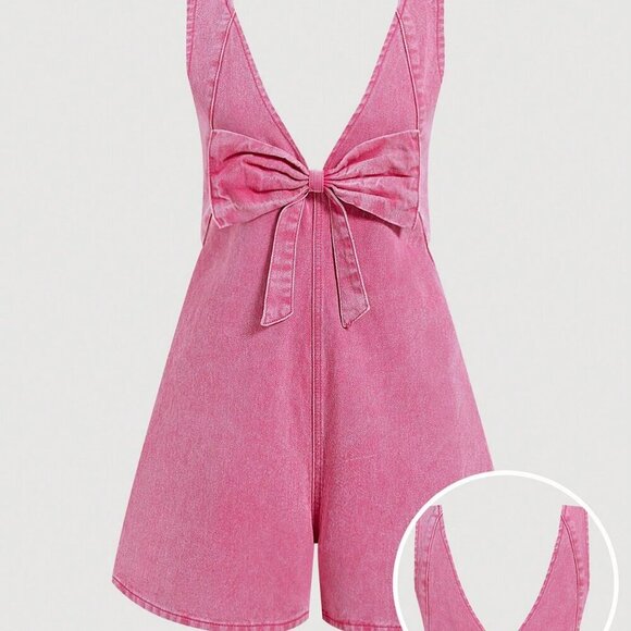 Pink Casual Women's Denim Bib Jumpsuit